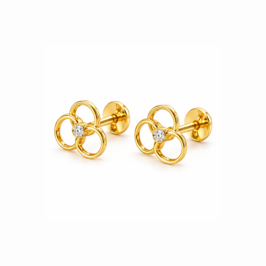 Gold Triple Circle Diamond Stud Earrings