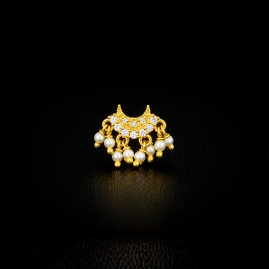 Gold Plated 92.5 Sterling Silver CZ & Pearl Crescent Moon Nose Pin