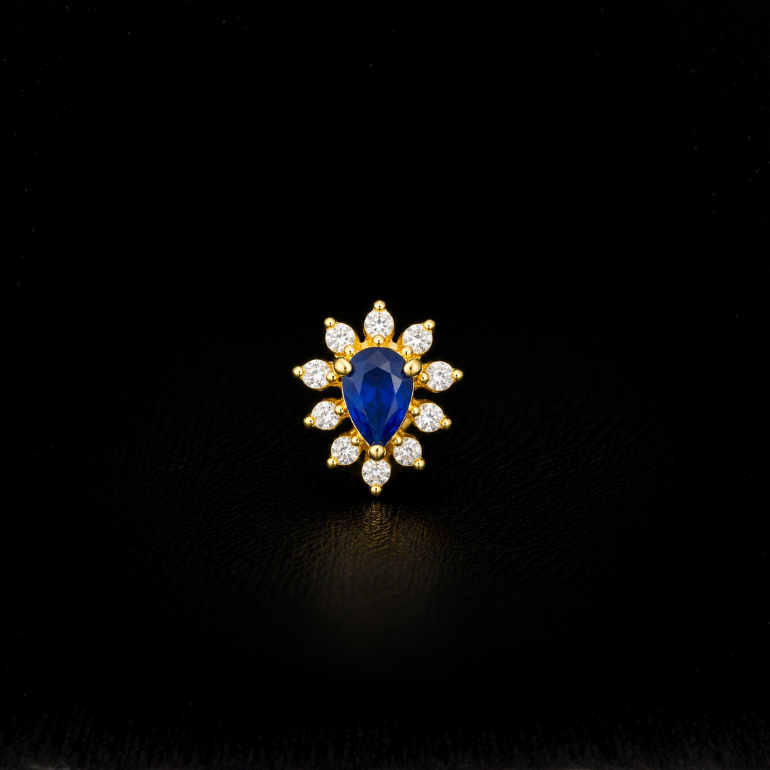 Gold Plated 92.5 Sterling Silver Blue Teardrop CZ Floral Nose Pin