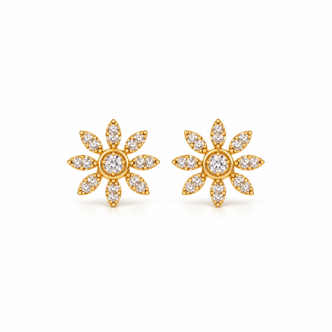 Gold Eight Petal Floral Diamond Stud Earrings