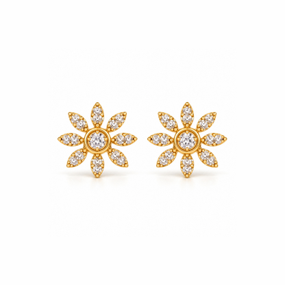 Gold Eight Petal Floral Diamond Stud Earrings