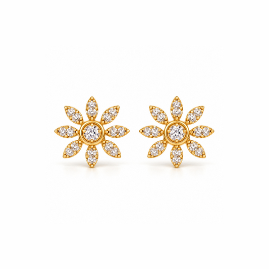 Gold Eight Petal Floral Diamond Stud Earrings