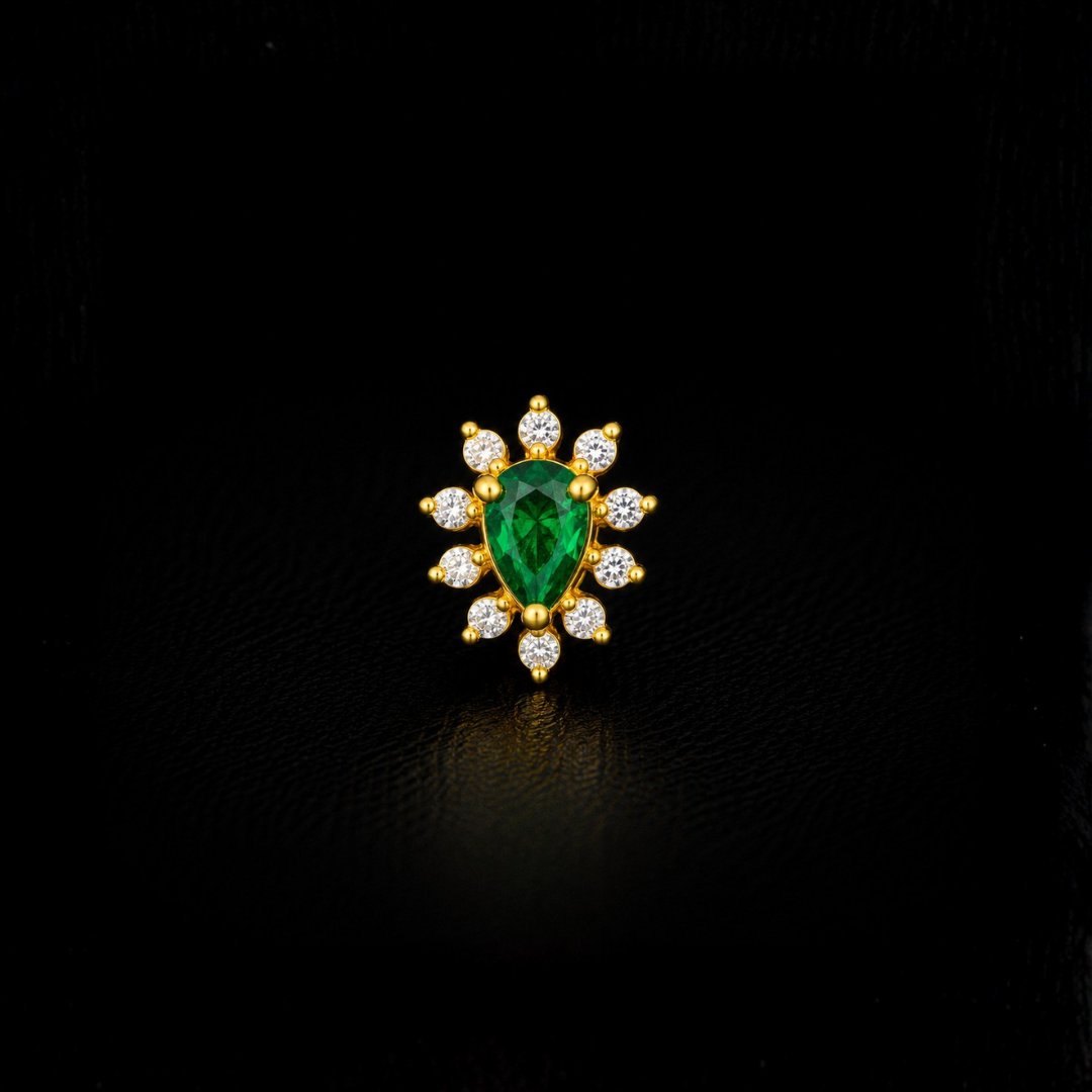 Gold Plated 92.5 Sterling Silver Emerald Green Floral Nose Pin