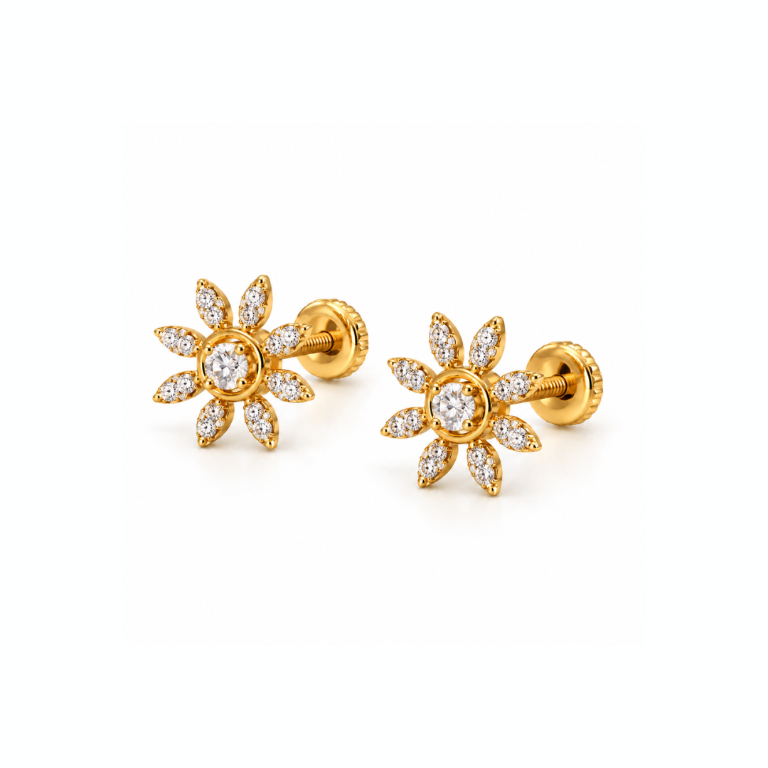 Gold Eight Petal Floral Diamond Stud Earrings