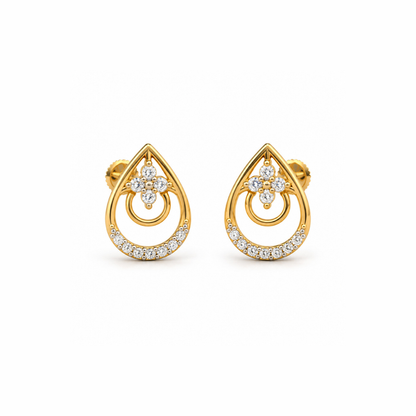 Gold Teardrop Floral Diamond Stud Earrings