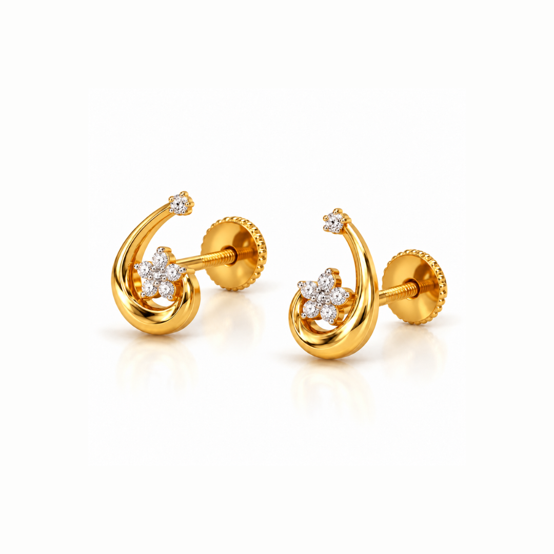 Gold Floral Swirl Diamond Stud Earrings
