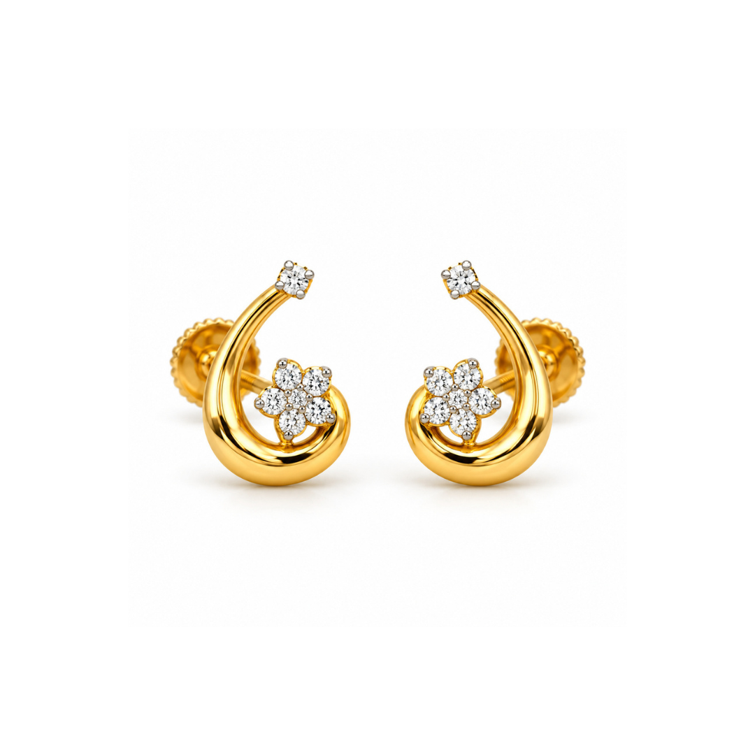Gold Floral Swirl Diamond Stud Earrings