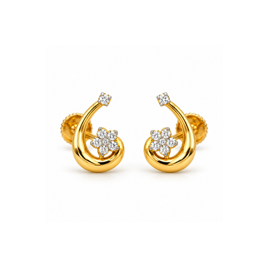 Gold Floral Swirl Diamond Stud Earrings
