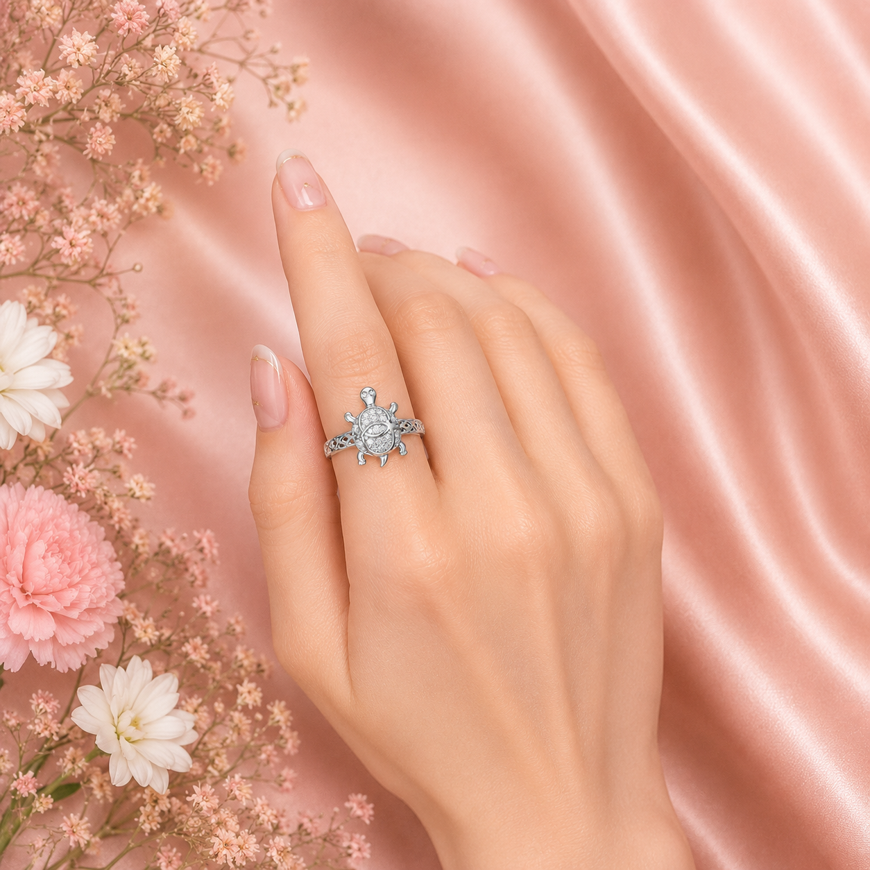 Silver Aama (Turtle) Ring – CZ Studded Designer Ring