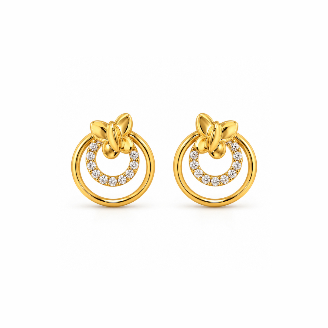 Gold Butterfly Double Circle Diamond Stud Earrings