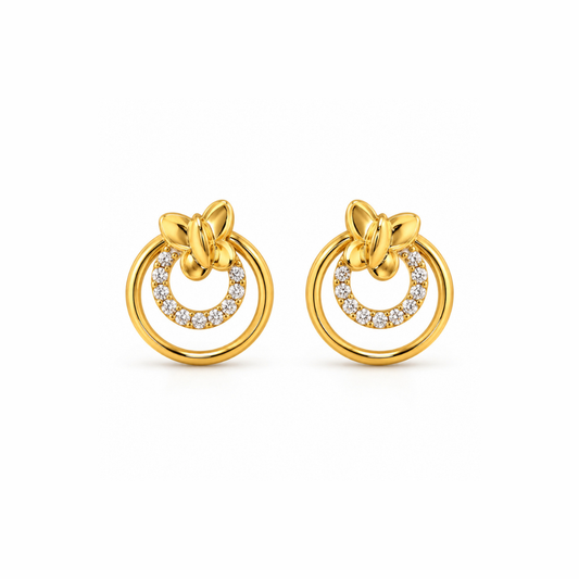 Gold Butterfly Double Circle Diamond Stud Earrings