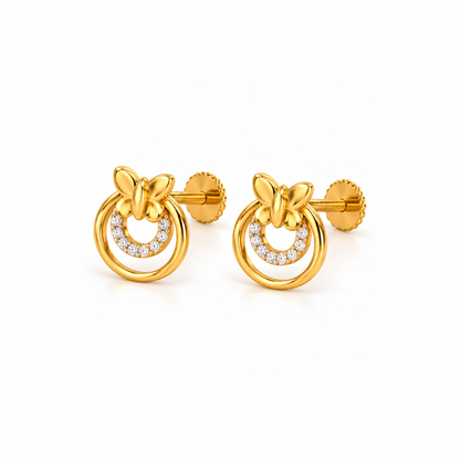 Gold Butterfly Double Circle Diamond Stud Earrings