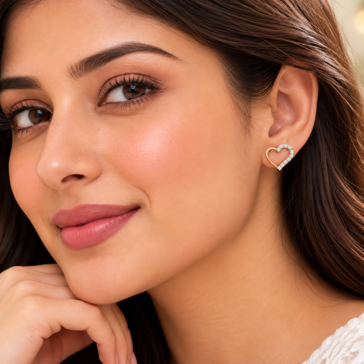 Gold Open Heart Diamond Stud Earrings