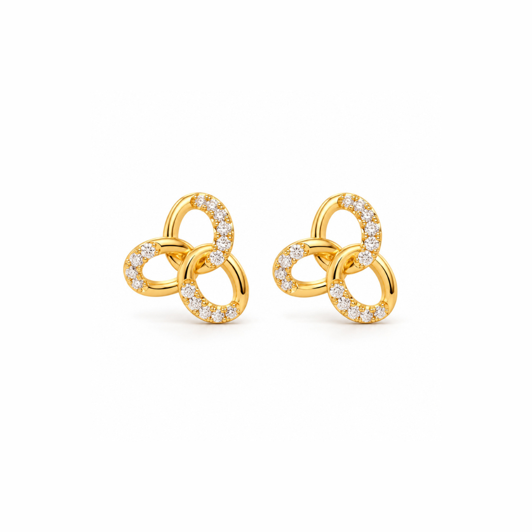 Gold Interlocking Triple Loop Diamond Stud Earrings