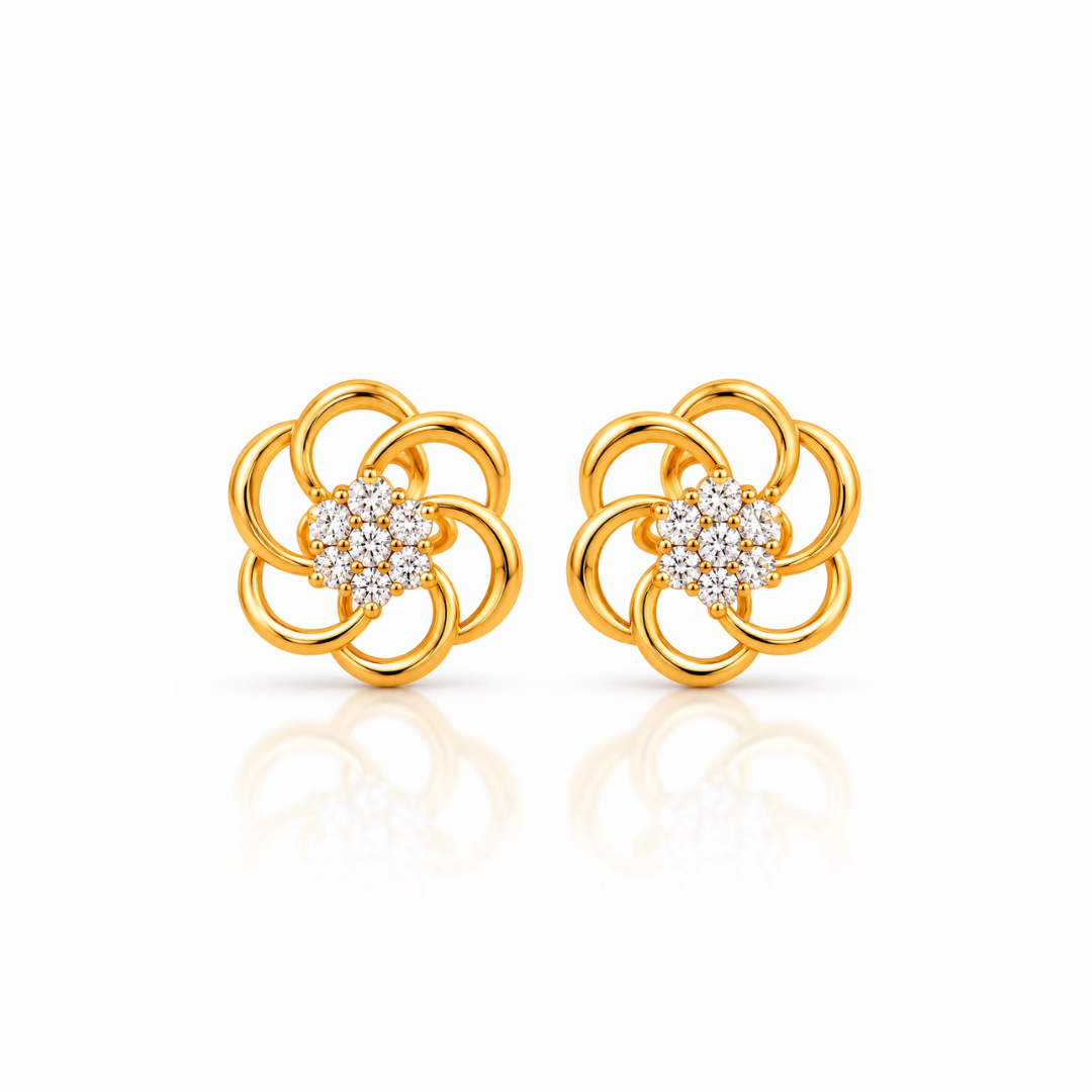 Gold Swirl Floral Diamond Cluster Stud Earrings
