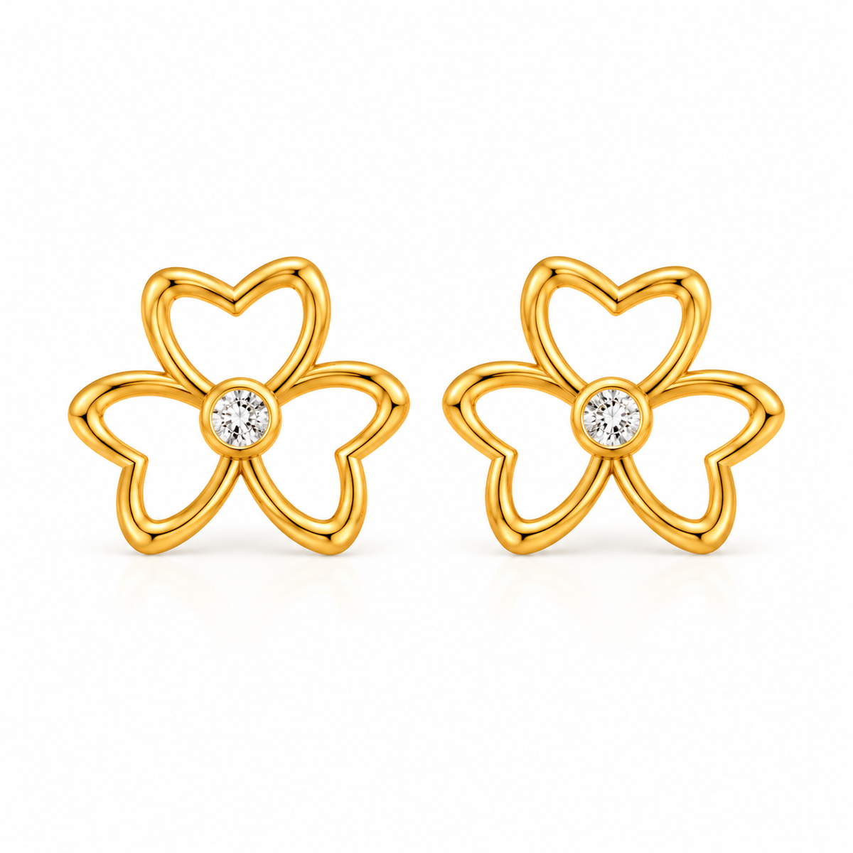 Gold Four Petal Heart Floral Diamond Stud Earrings