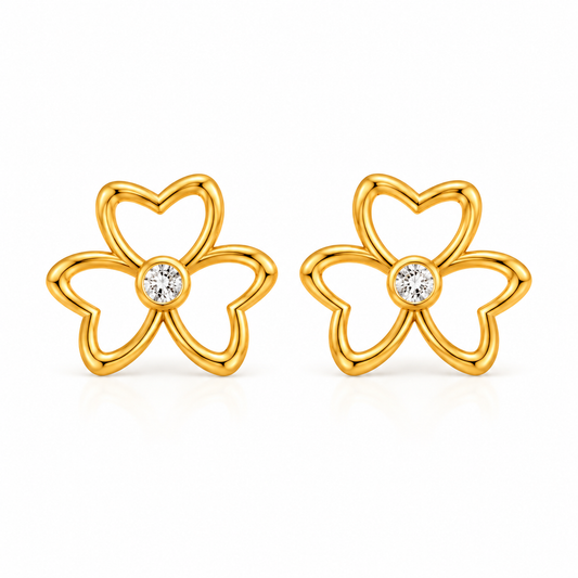 Gold Four Petal Heart Floral Diamond Stud Earrings