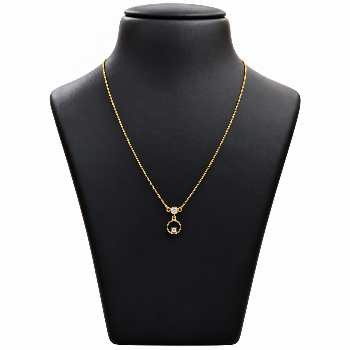 18K Gold Circle Drop White Stone Pendant Chain – 18 Inch
