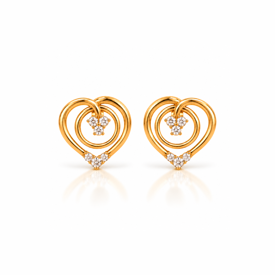 Gold Double Heart Diamond Cluster Stud Earrings