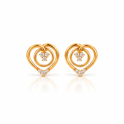 Gold Double Heart Diamond Cluster Stud Earrings