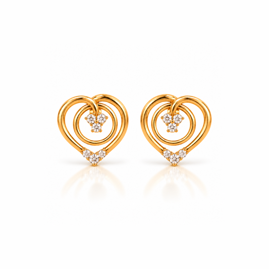 Gold Double Heart Diamond Cluster Stud Earrings