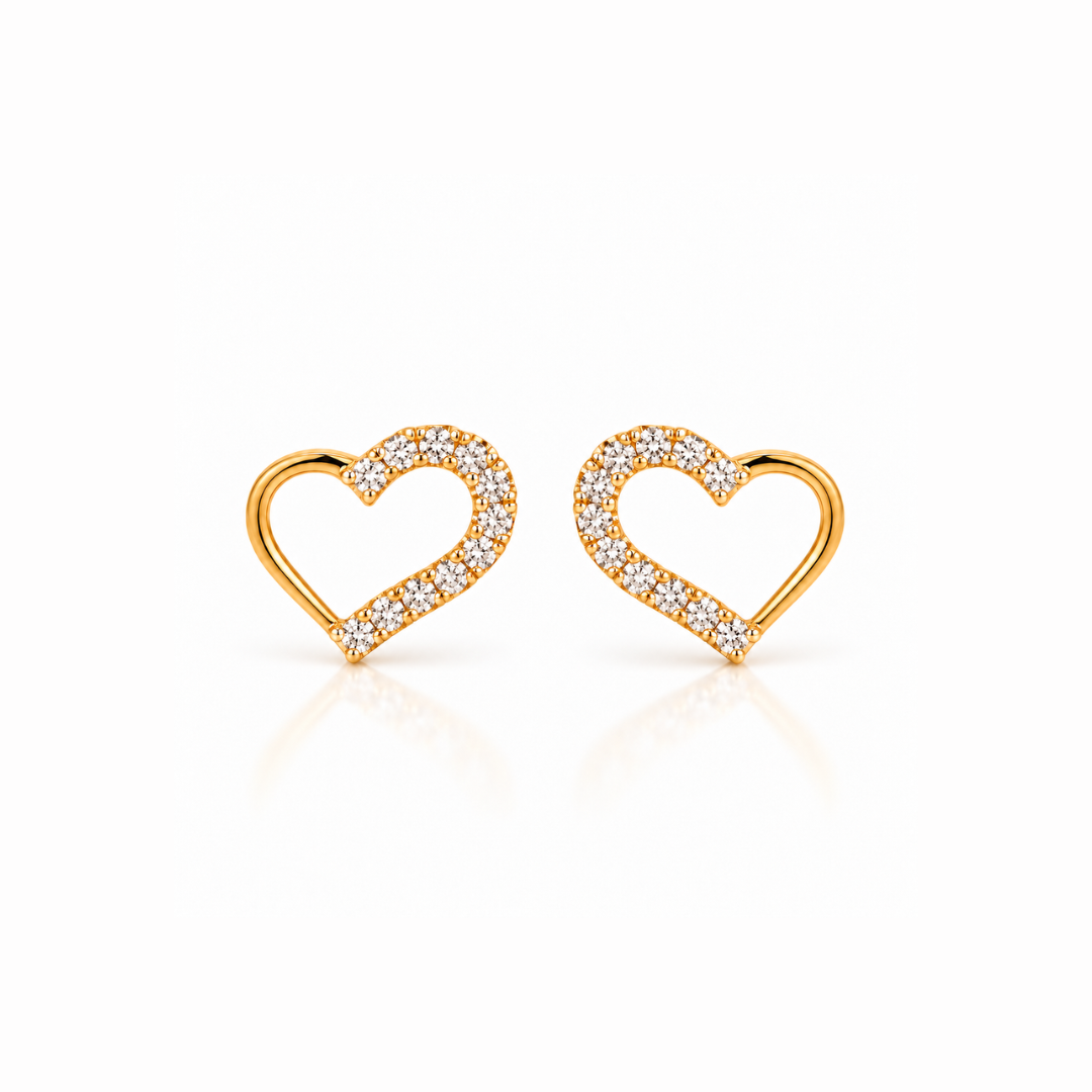 Gold Open Heart Diamond Stud Earrings
