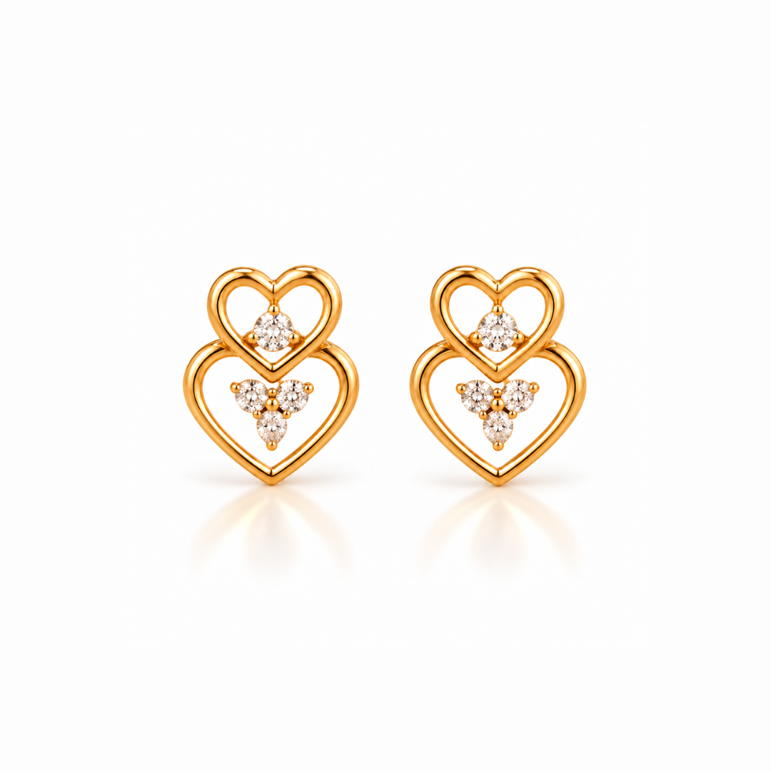 Gold Double Heart Diamond Stud Earrings