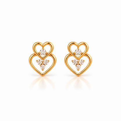 Gold Double Heart Diamond Stud Earrings