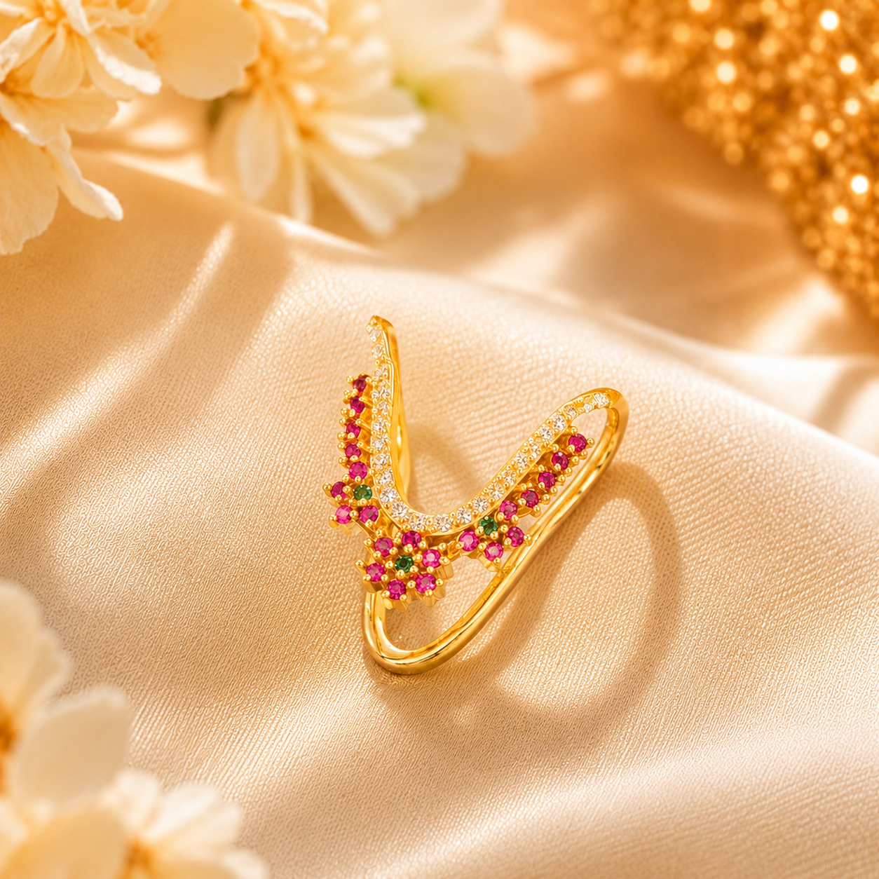 Gold Plated Silver Vanki Ring with Ruby & CZ Floral