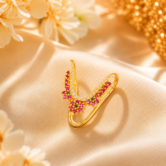 Gold Plated Silver Vanki Ring with Ruby & CZ Floral
