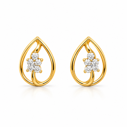 Gold Teardrop Floral Diamond Stud Earrings