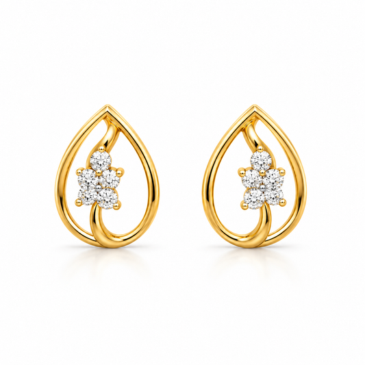 Gold Teardrop Floral Diamond Stud Earrings