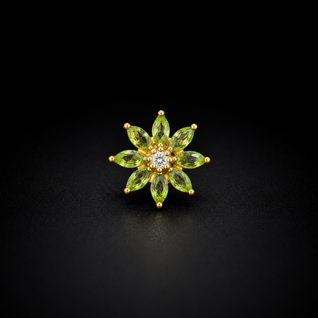 Gold-Plated 92.5 Sterling Silver Green Floral Nose Pin