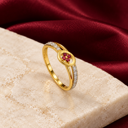 9K Gold Ruby Bloom Ring Size 16