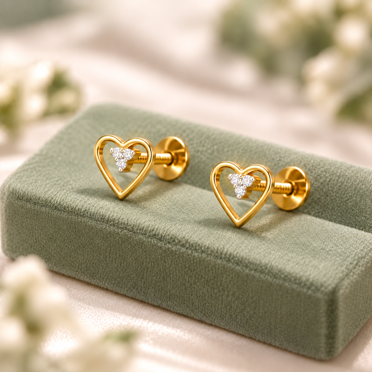 Gold Open Heart Diamond Cluster Stud Earrings