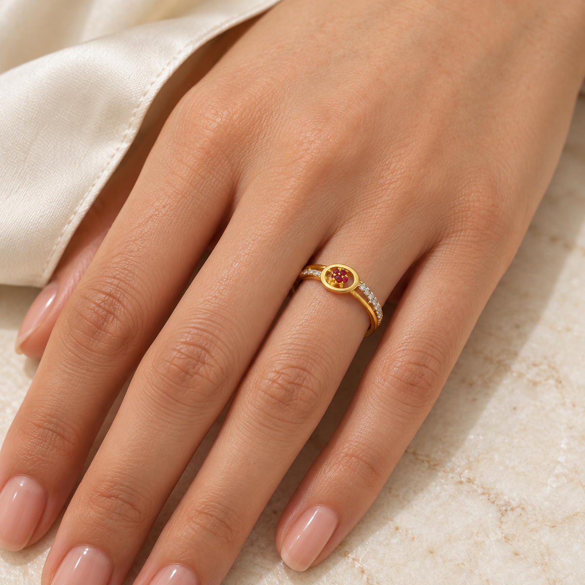 9K Gold Ruby Bloom Ring Size 16