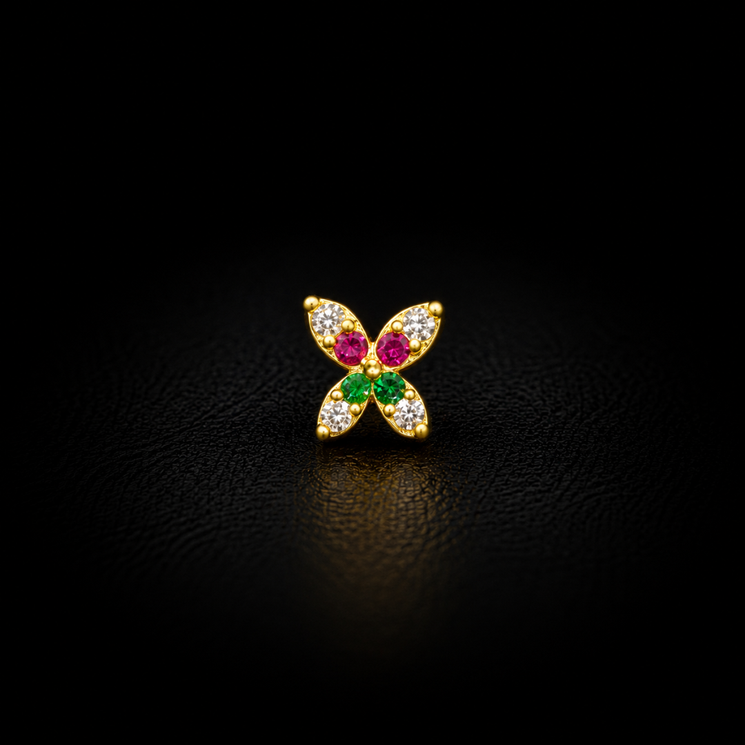 Navaratna Butterfly Gold-Plated Silver Nosepin