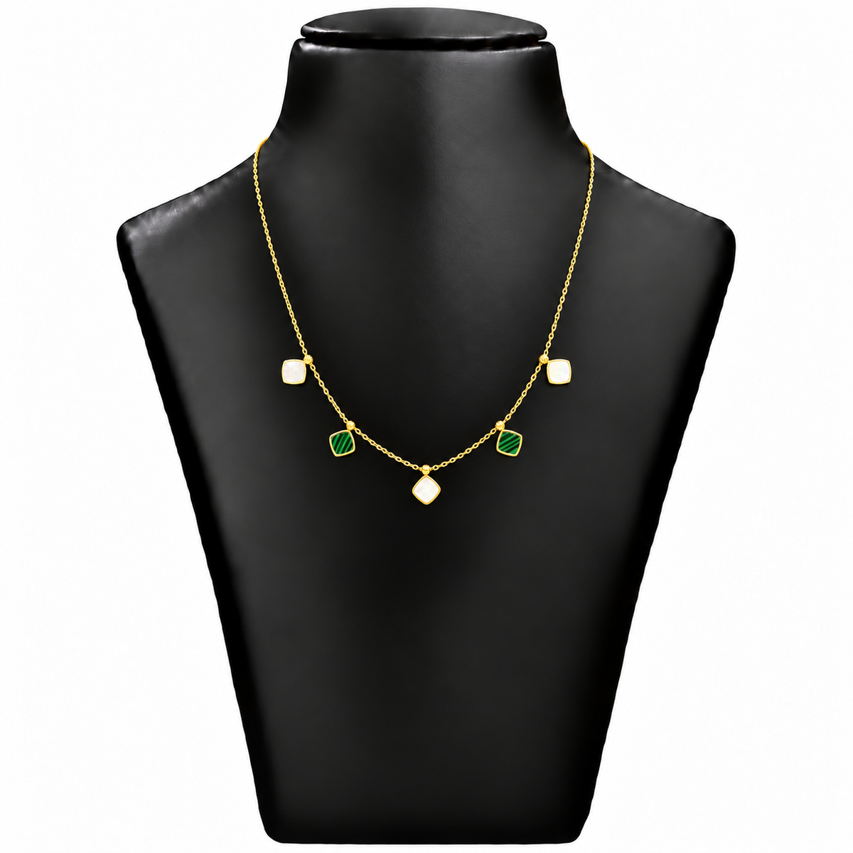 18K Gold Green and White Square Charm Chain