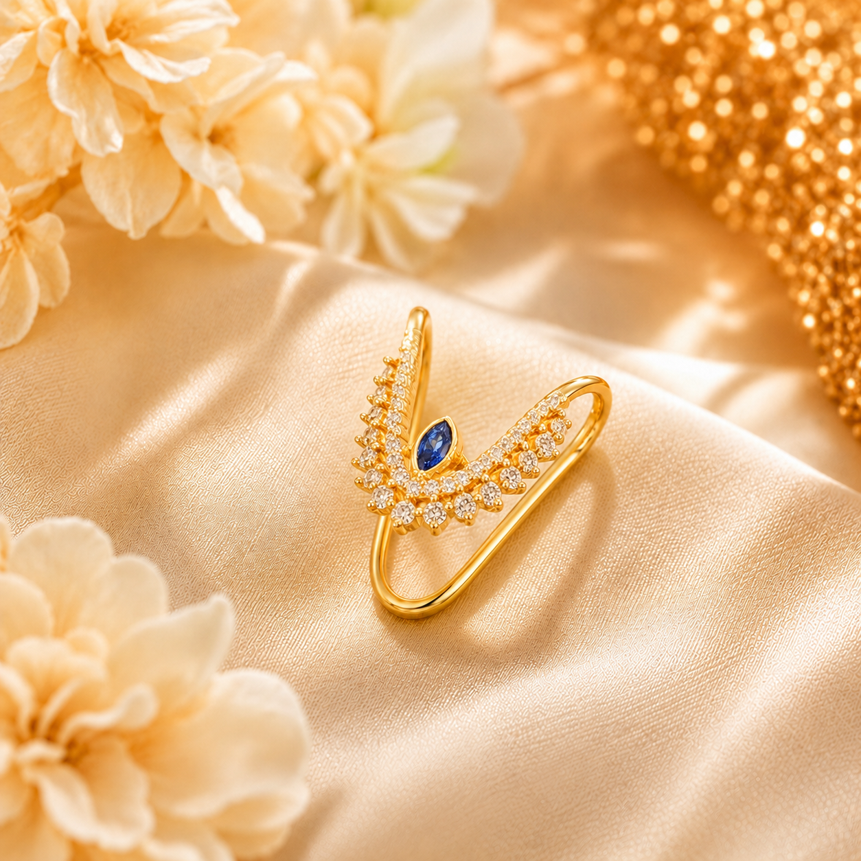 Gold-Plated Silver Vanki Ring with Blue Stone & CZ Accents