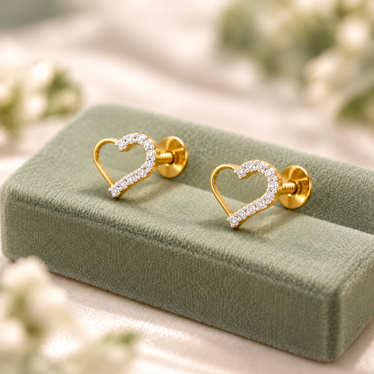 Gold Open Heart Diamond Stud Earrings