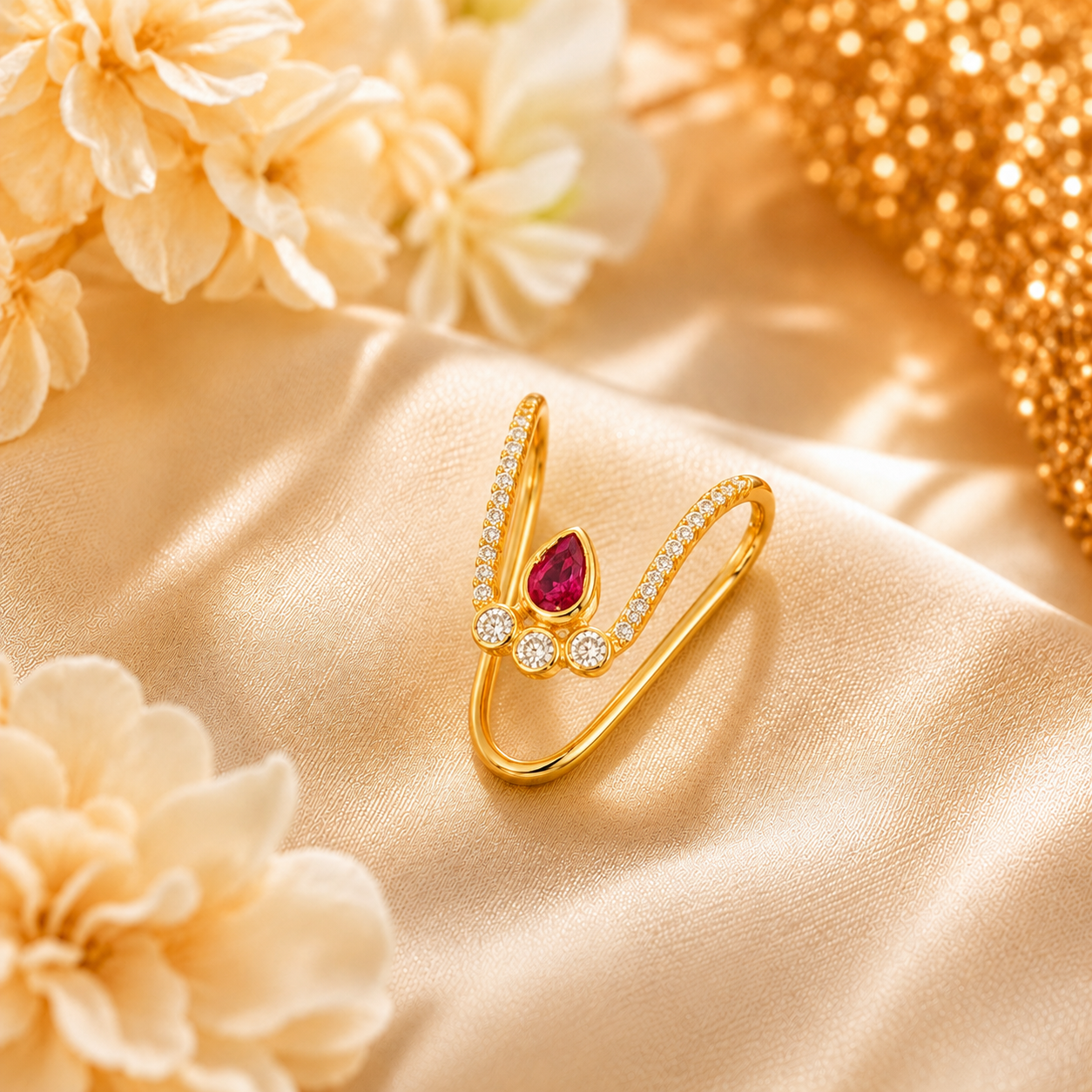 Gold Plated 925 Silver CZ & Ruby Vanki Ring | Adjustable Traditional Ring