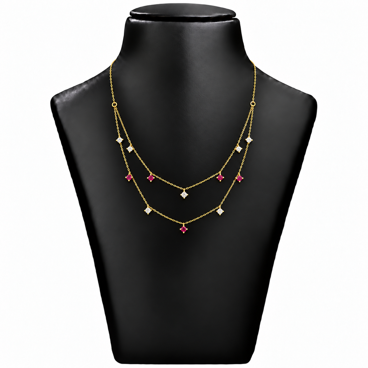 18K Gold Double-Layer Red and White Stone Necklace