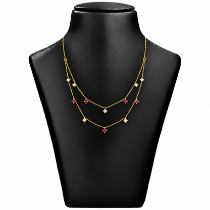 18K Gold Double-Layer Red and White Stone Necklace