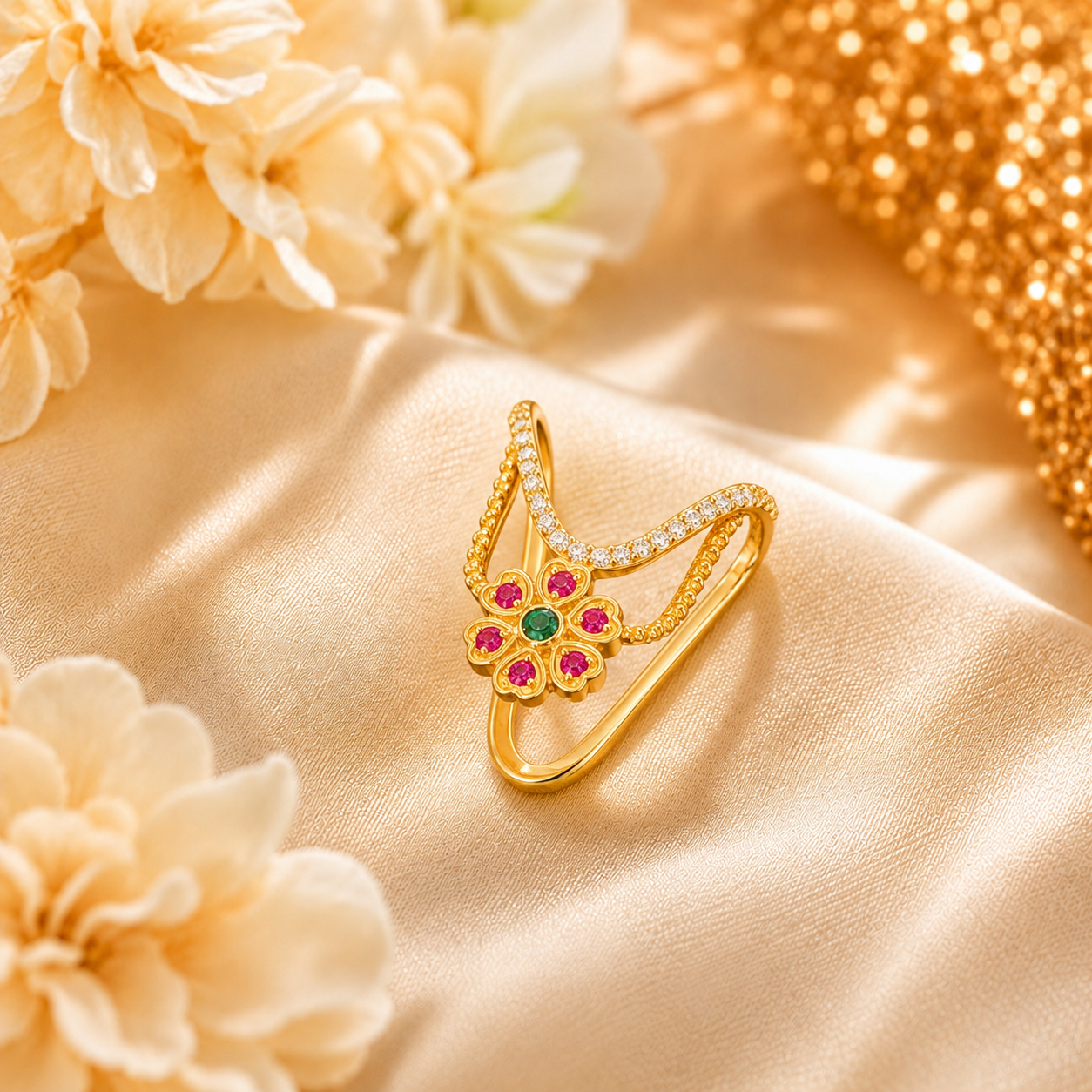 Gold-Plated Silver Floral Vanki Ring | Traditional Adjustable Ring
