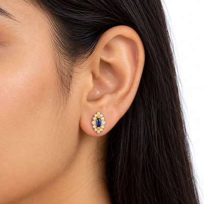 9K Gold Blue Marquise Halo Studs