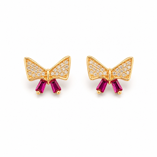 Ruby Bow Sparkle Gold Plated Silver Earrings