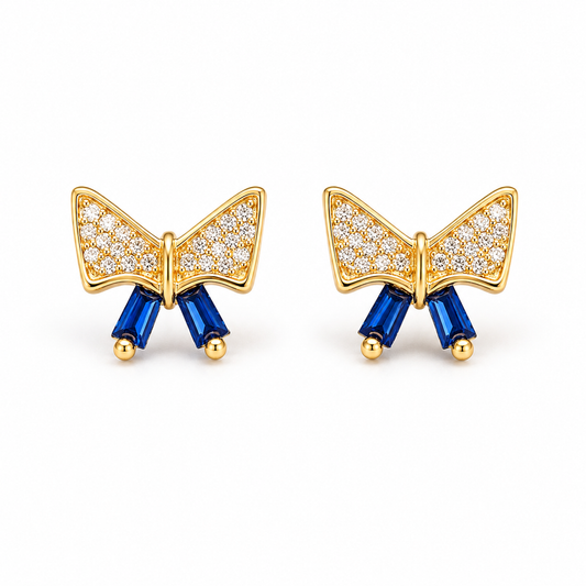 Sapphire Bow Sparkle Gold Plated Silver Earrings