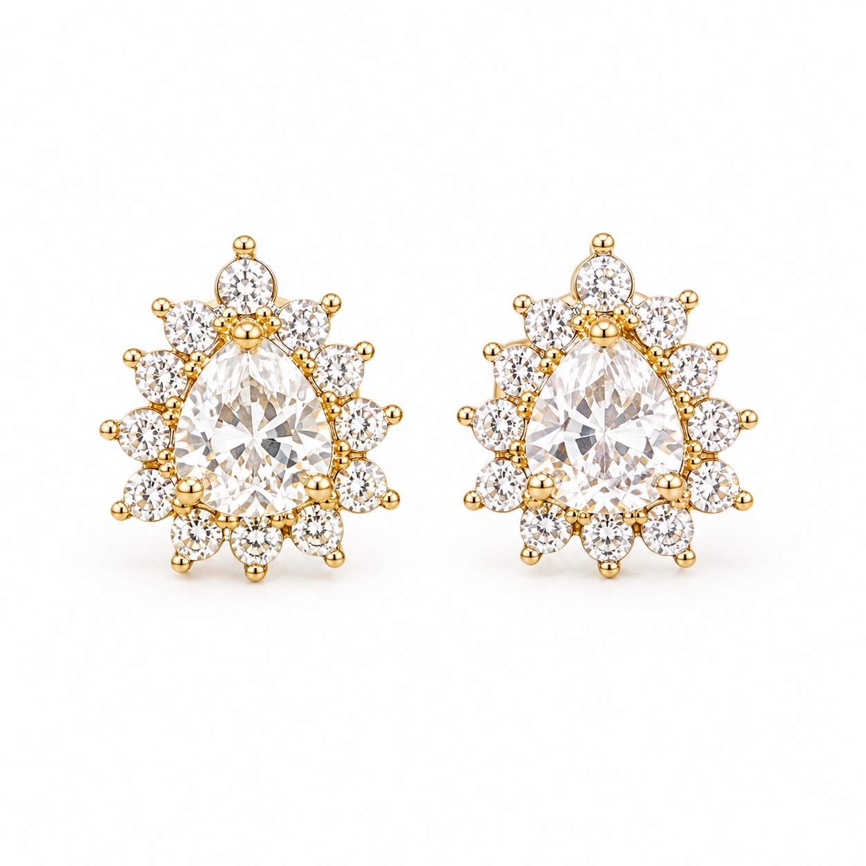 Crystal Teardrop Halo Gold Plated Silver Earrings