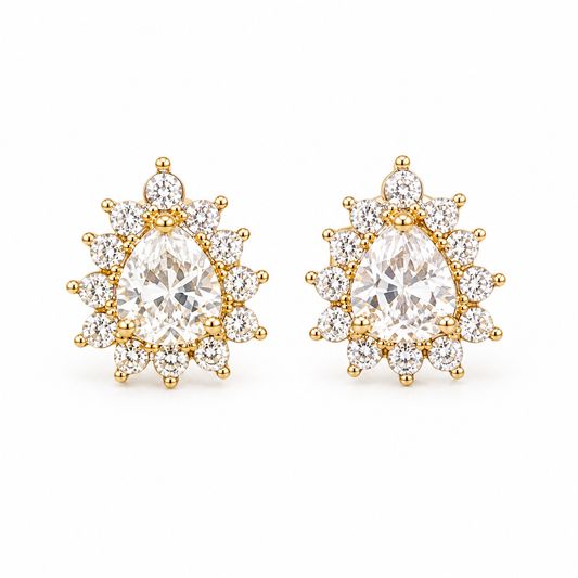 Crystal Teardrop Halo Gold Plated Silver Earrings