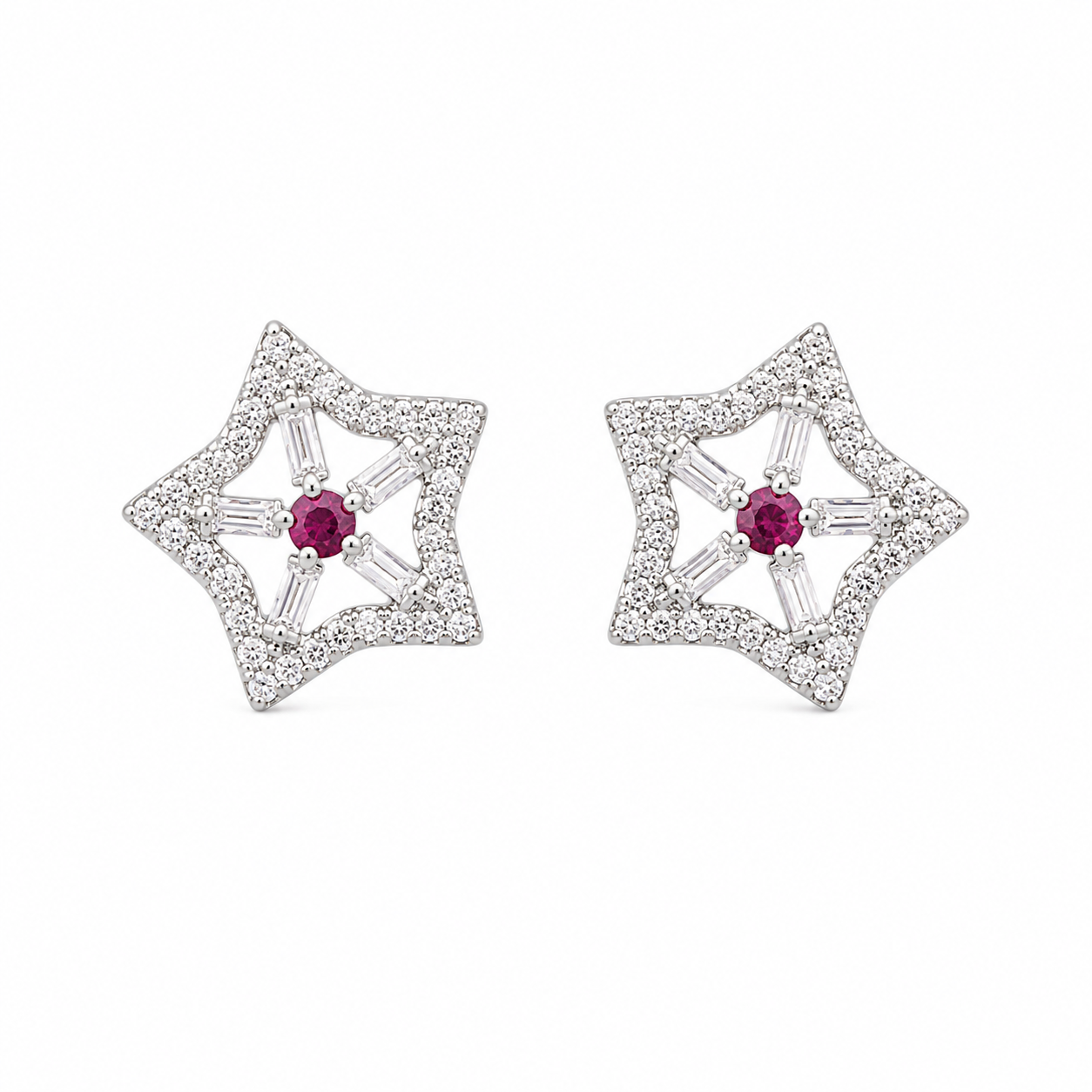 Ruby Star Sparkle Silver Earrings